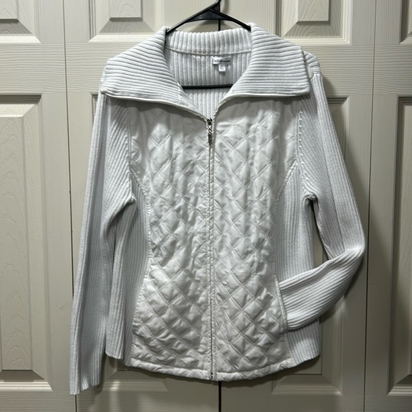 Ladies Knit and Polyester Woven Zippered Top - Picture 1 of 13